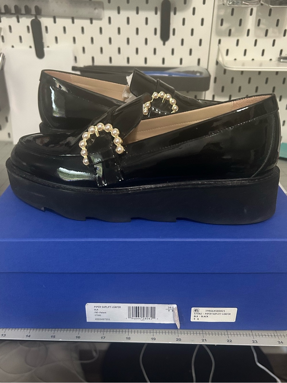 Piper Patent Leather Pearl Buckle Loafers in Black- STUART WEITZMAN- Size 9
